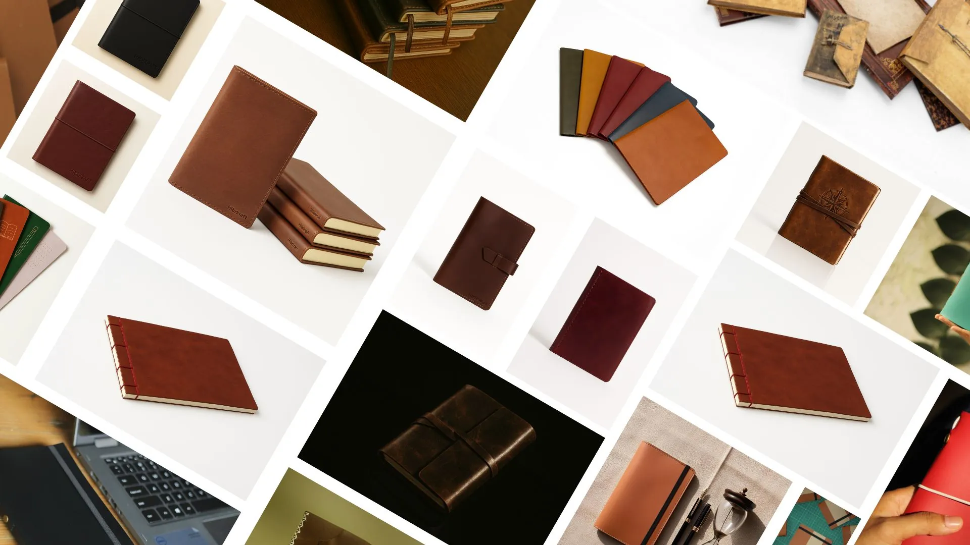 Puluhan jurnal kulit tersusun diagonal dalam berbagai warna