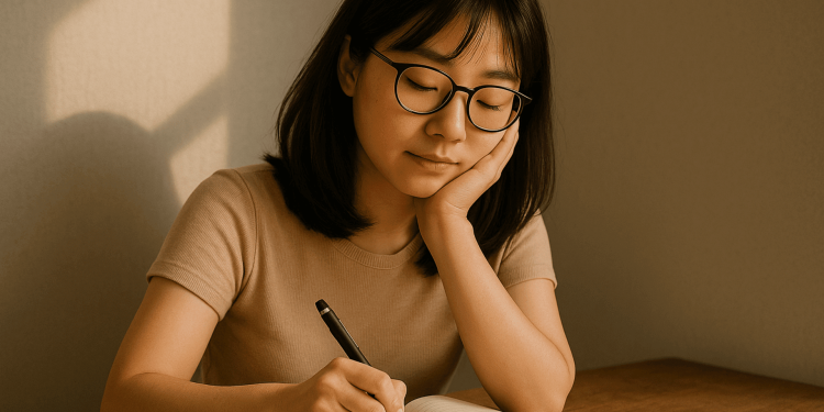 Aika Writing In Her Journal Hands On Cheeks