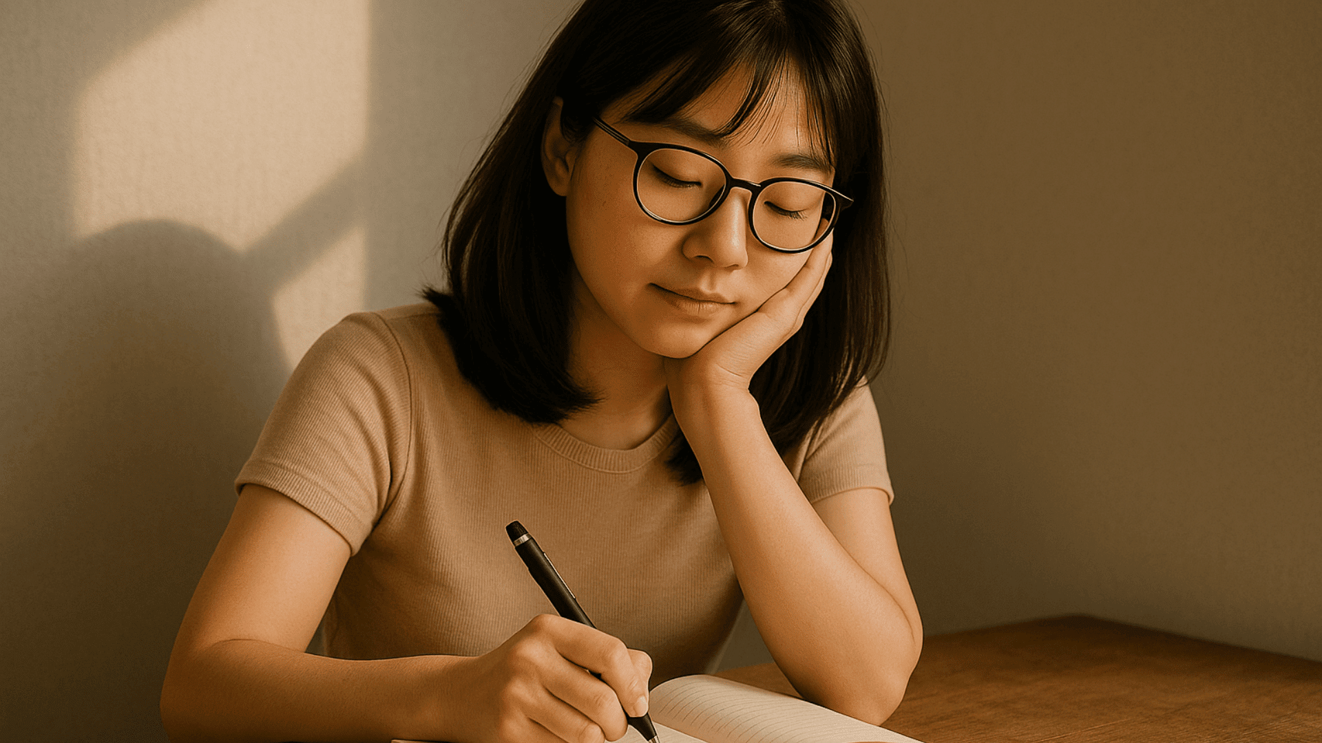 Aika Writing In Her Journal Hands On Cheeks