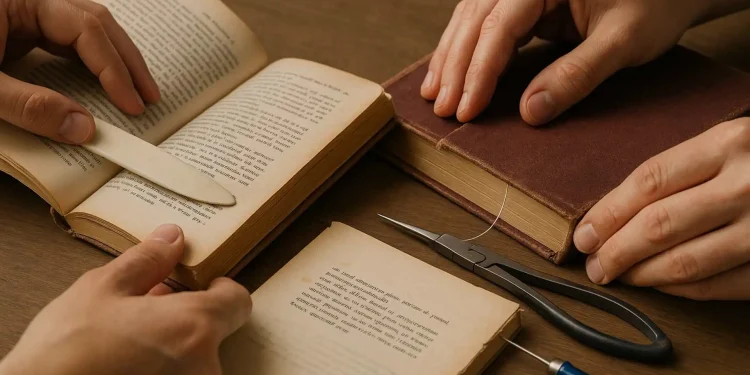 Bu Close Up Hands Repairing Books