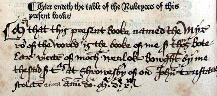 Caxton Mirror Of World Chapter Ownership Incription