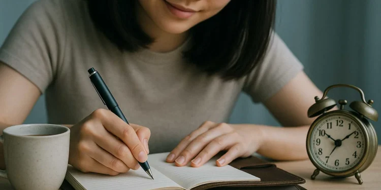 Menulis Di Agenda Kulit Hibrkraft Dengan Kopi Dan Jam Alarm