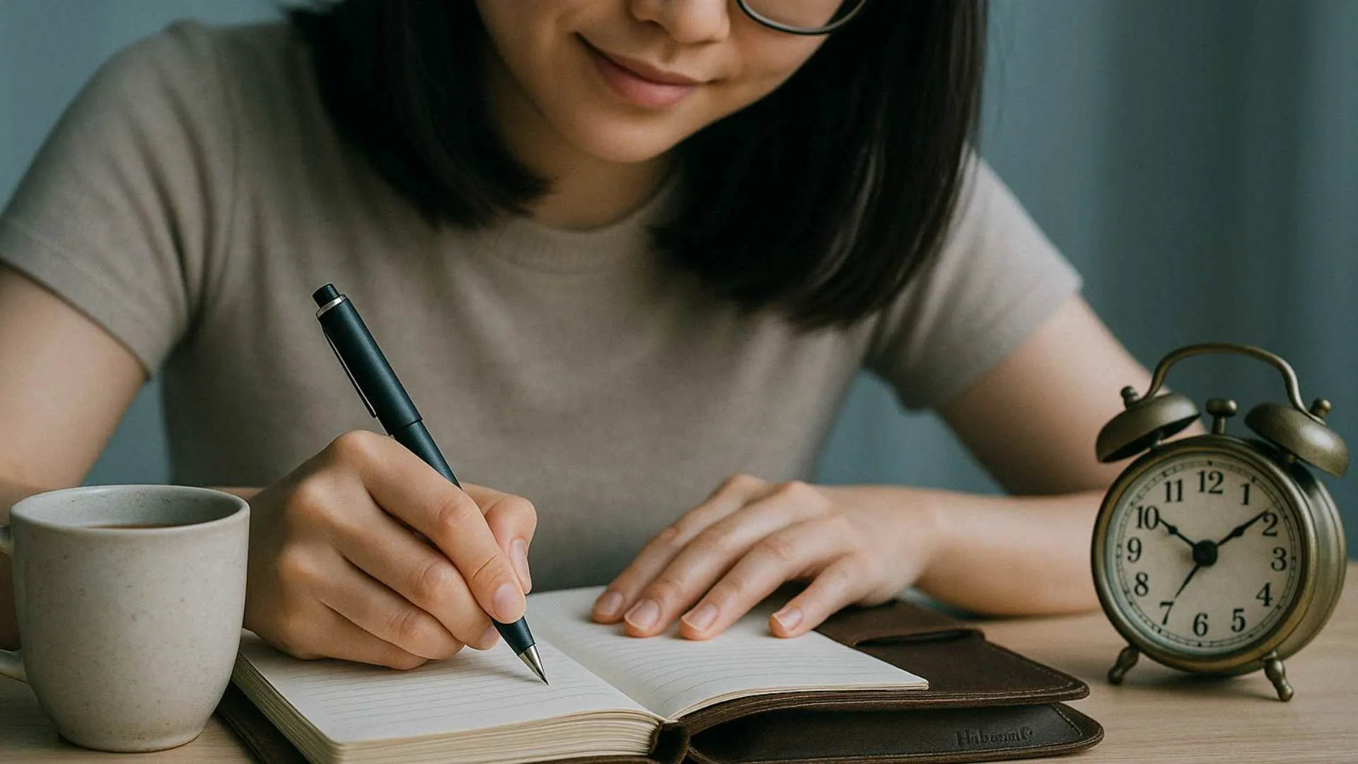 Menulis Di Agenda Kulit Hibrkraft Dengan Kopi Dan Jam Alarm