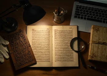 Antique Books Desk Setup Magnifying Glass