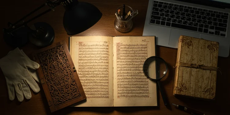 Antique Books Desk Setup Magnifying Glass