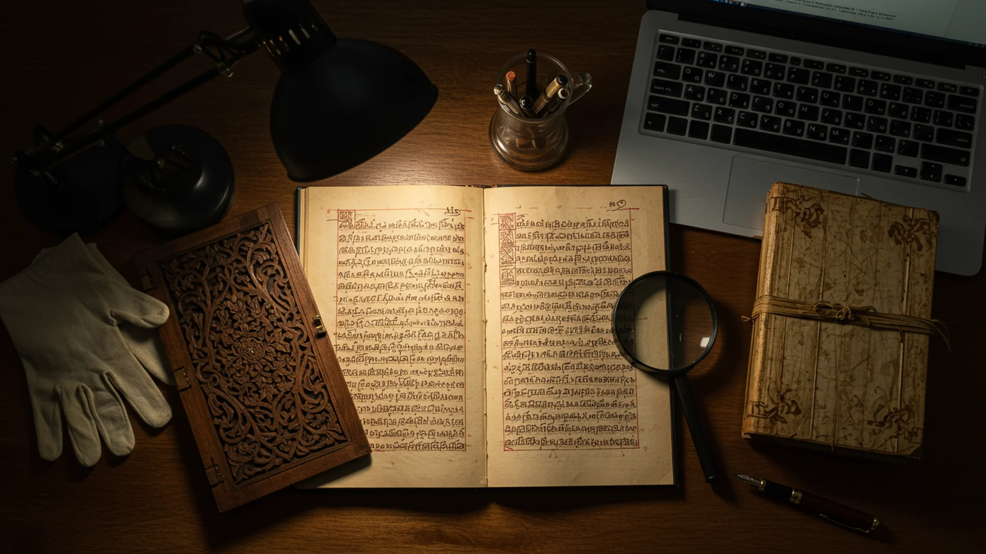 Antique Books Desk Setup Magnifying Glass