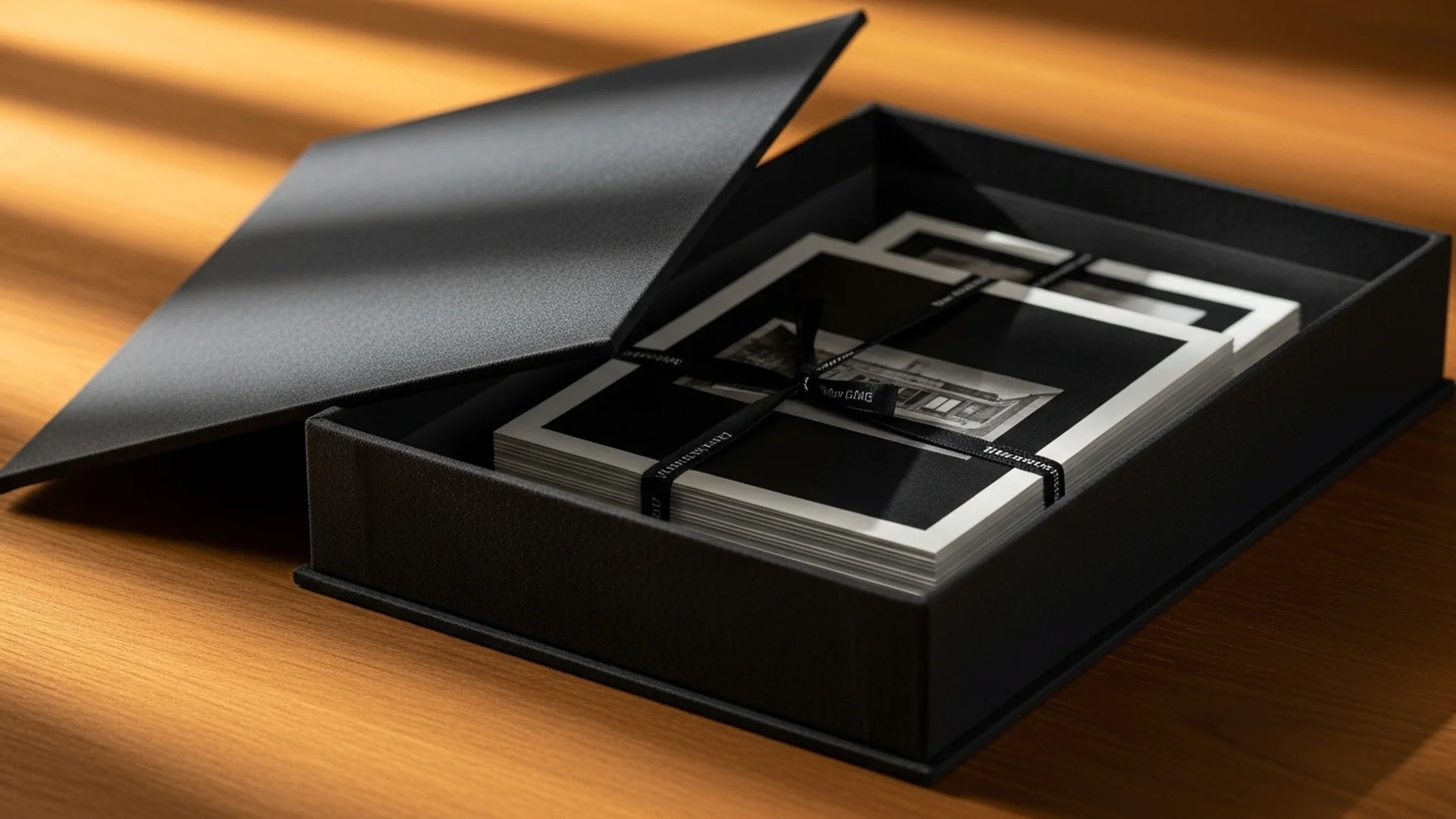 Black Box Of Photo Prints With Ribbon
