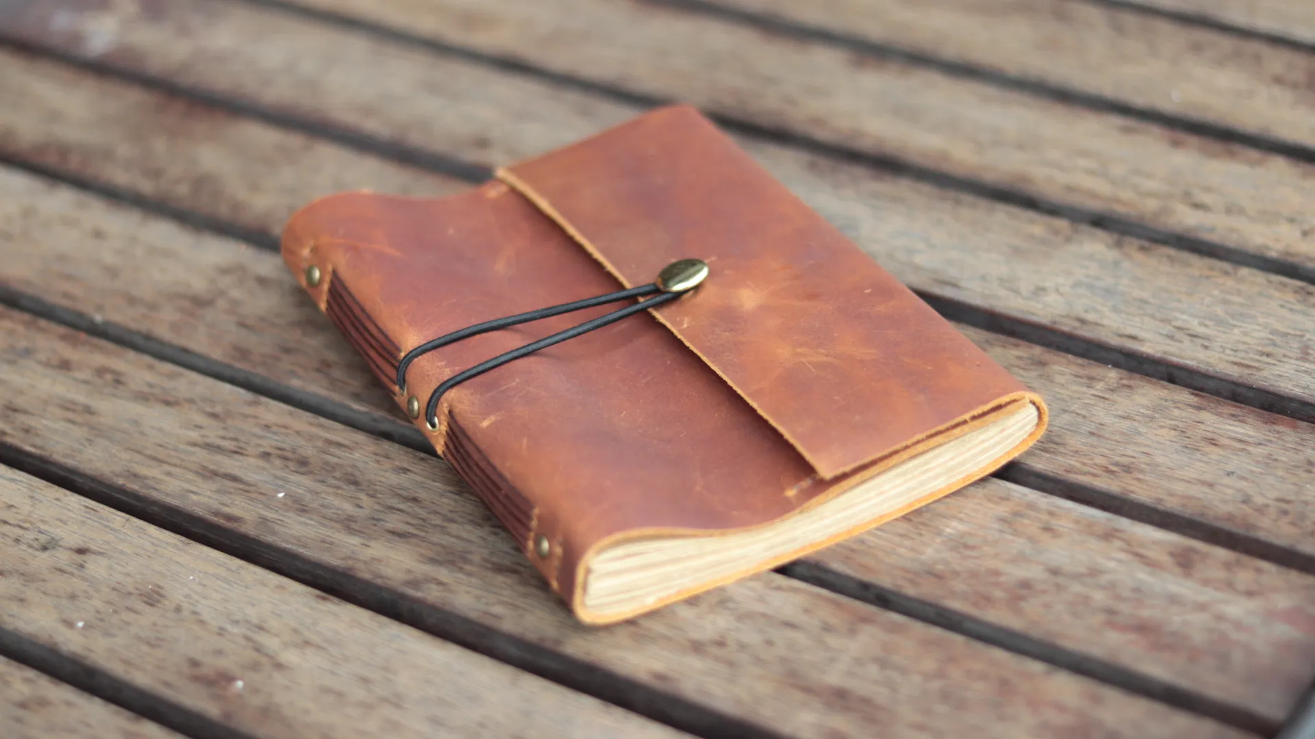 Brown Leather Journal Elastic Closure Open