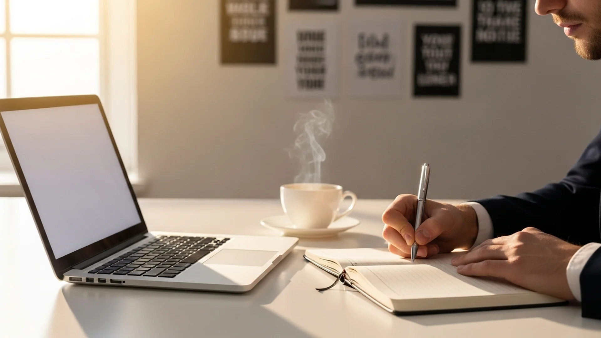 Businessman Writing Notes Laptop Coffee