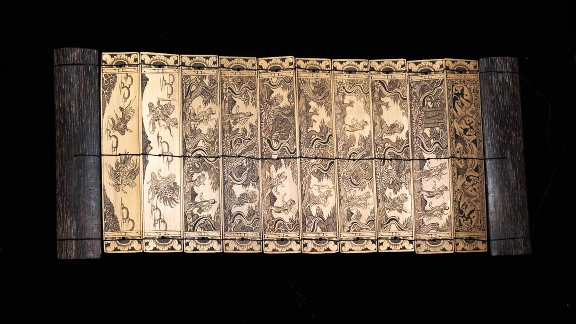 Carved Bamboo Scroll With Mythological Scenes