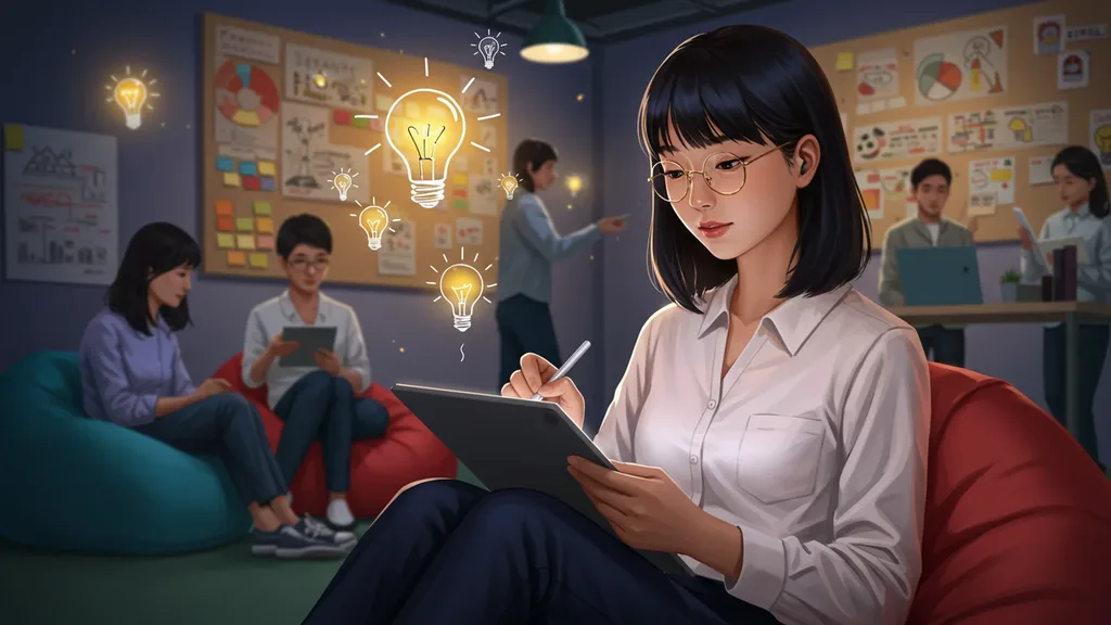 Ilustrasi karyawan berkacamata menuangkan ide di atas tablet, dikelilingi rekan kerja dan simbol lampu ide di ruang kerja santai berisi bean bag