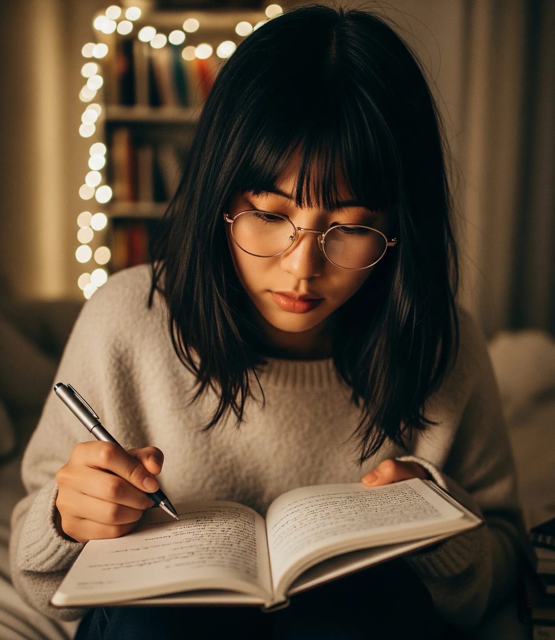 Cute Woman Reading Book At Night Journal