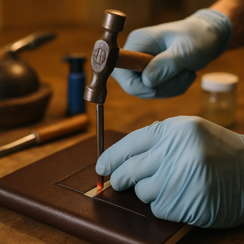 Hand Hammering Metal Into Leather Book