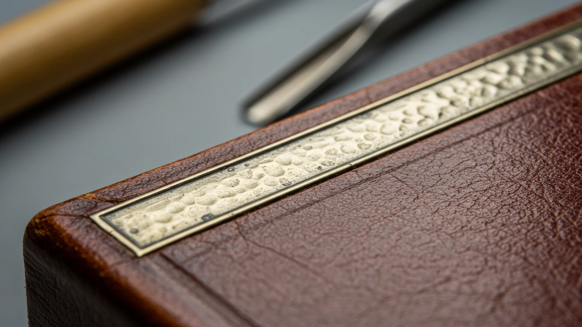 Leather Bound Box Brass Detail Close Up