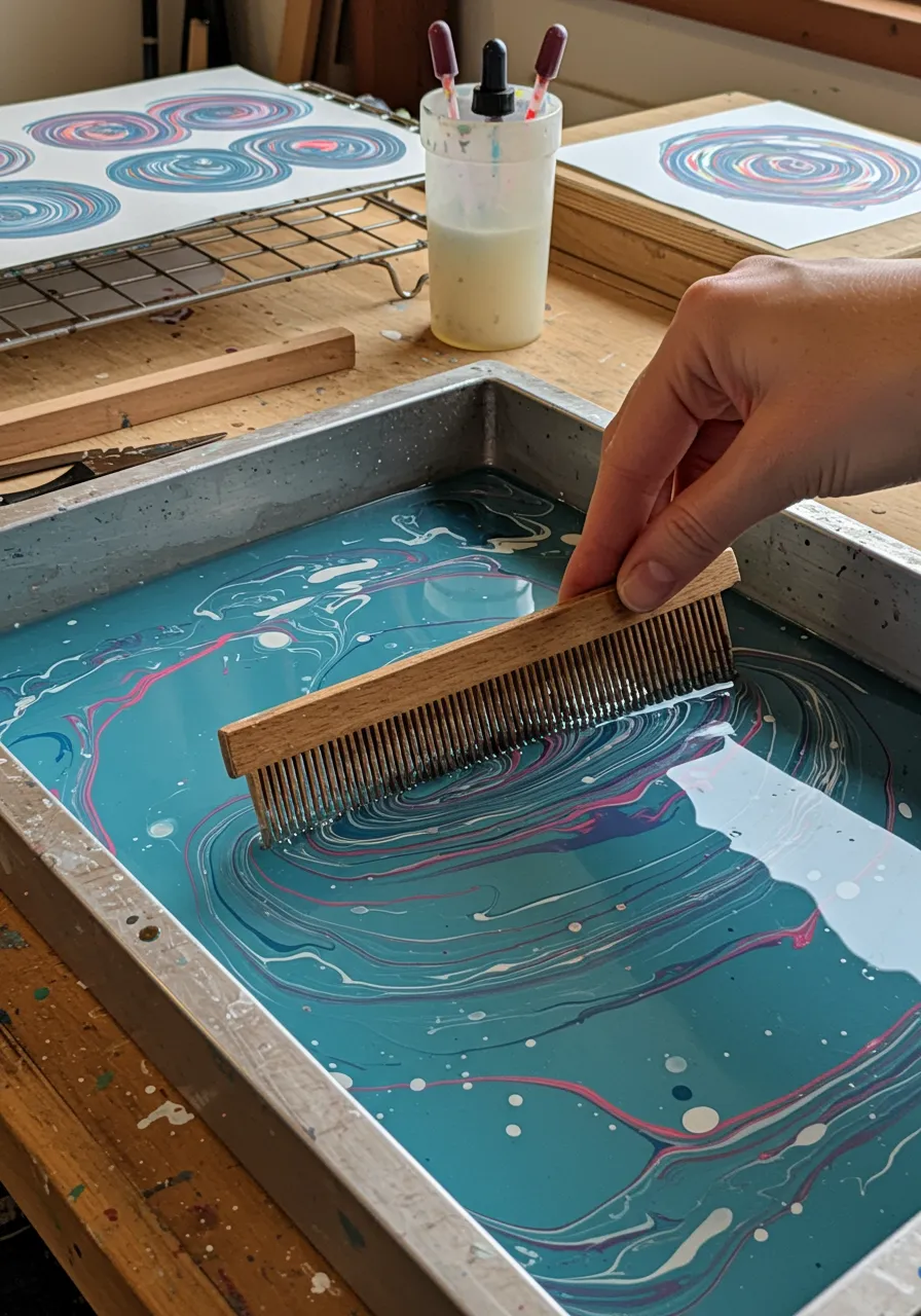 Marbling Process With Comb In Tray
