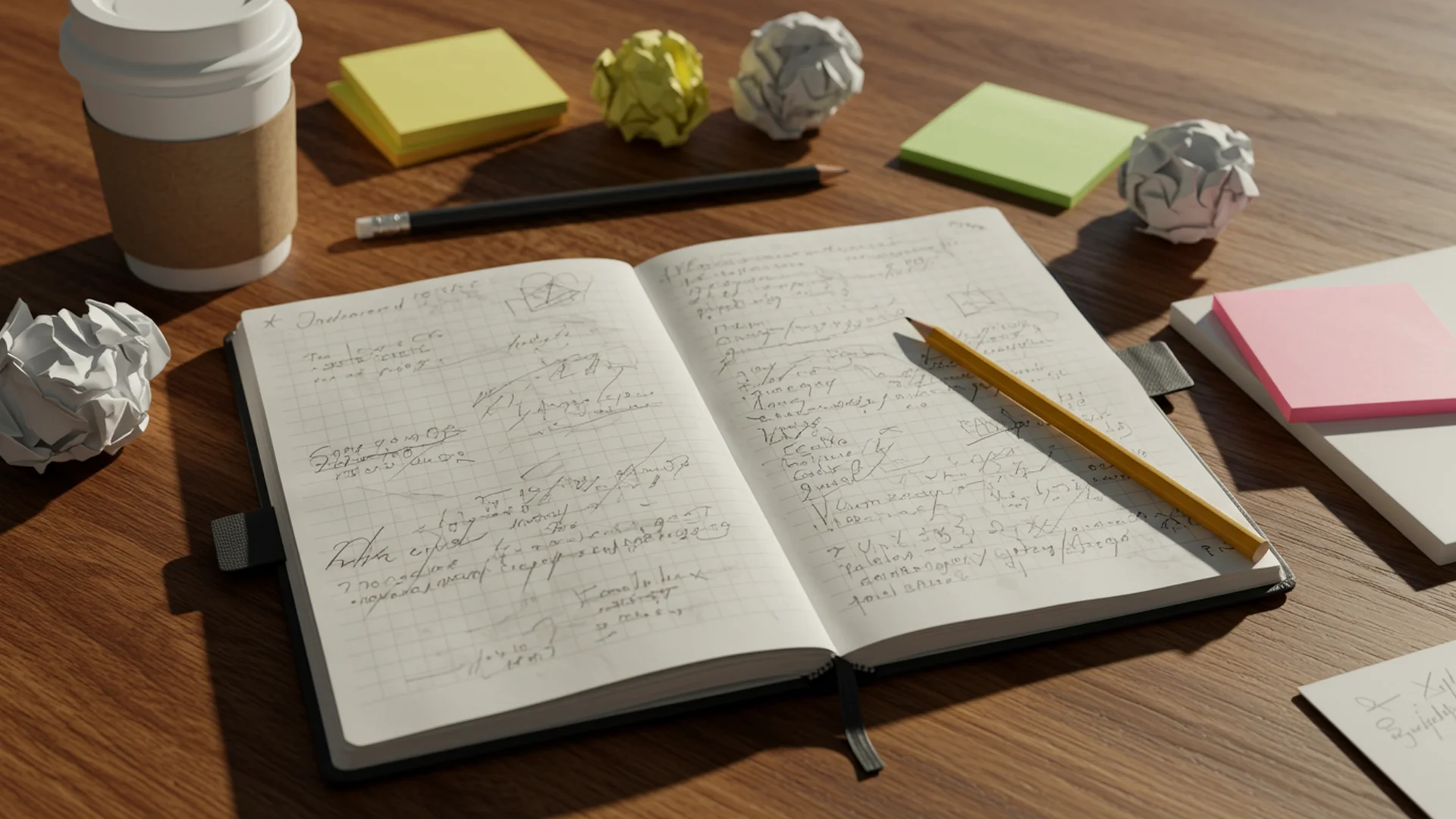 Open Notebook With Handwritten Notes And Pencil
