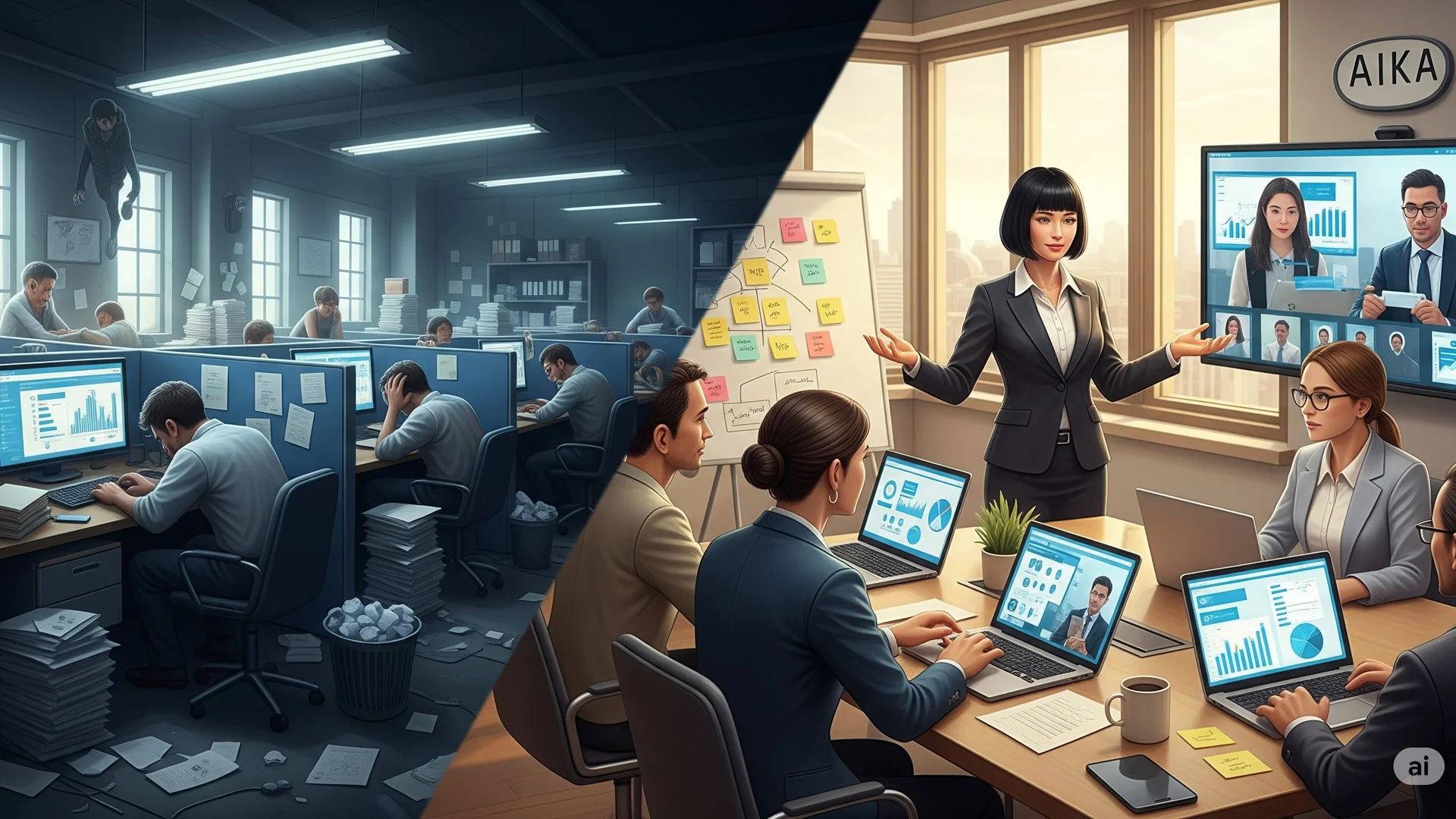Overwork Vs Meeting Office Scene