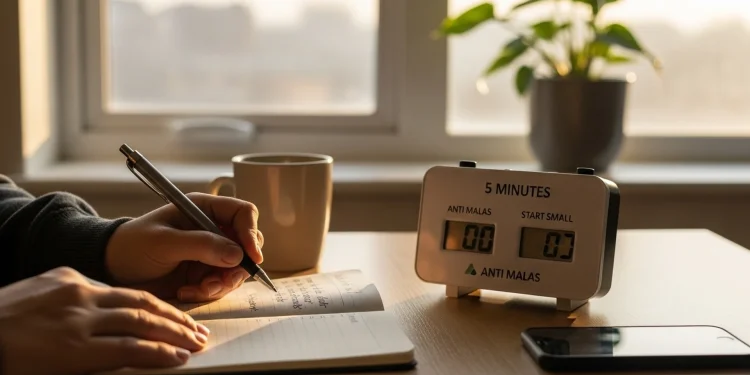 Person Writing In Journal With Timer And Coffee