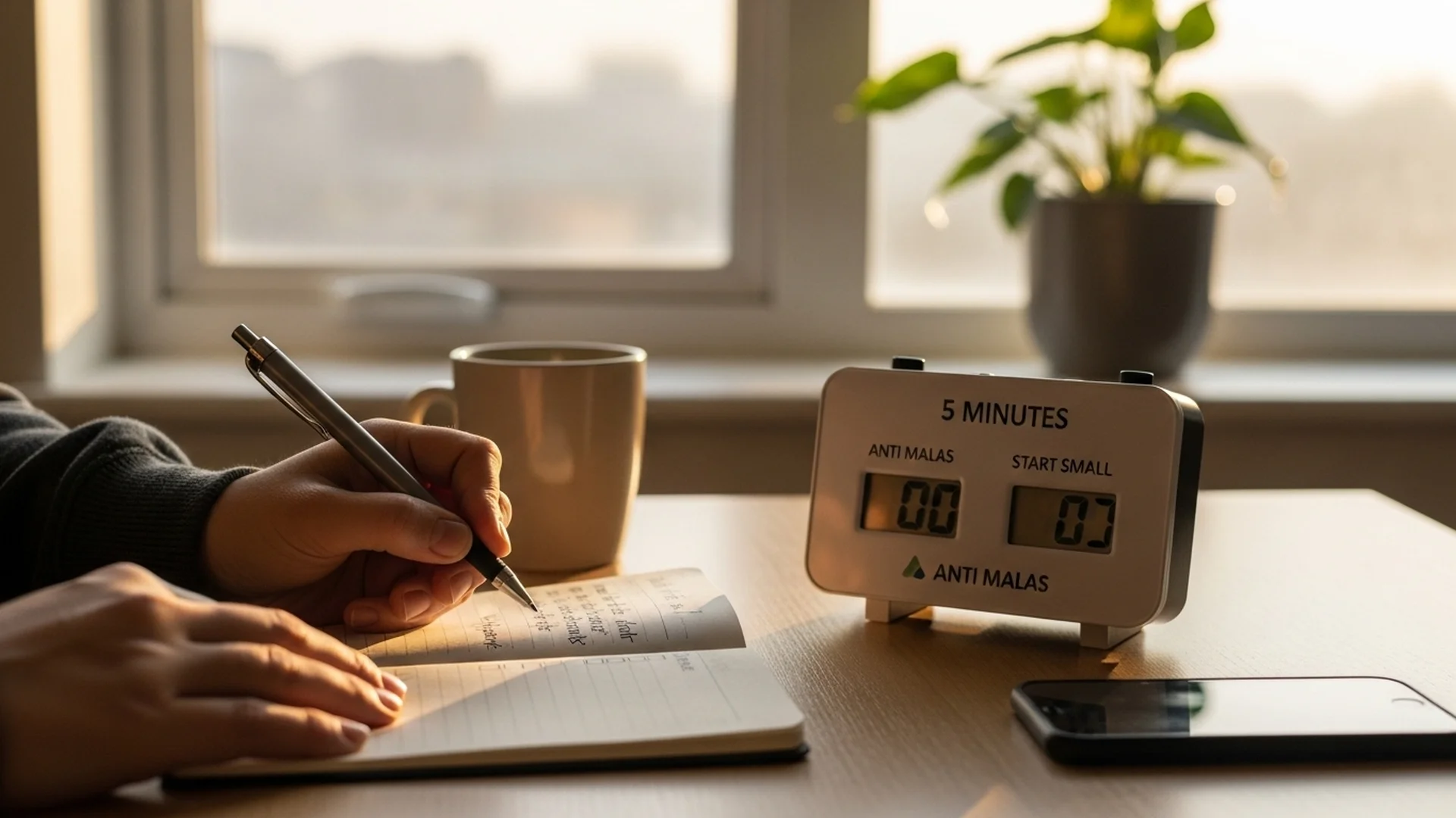 Person Writing In Journal With Timer And Coffee