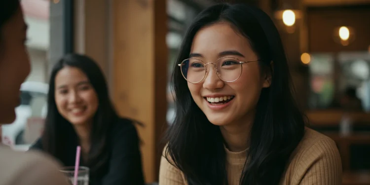 Smiling Woman Glasses Cafe Friends