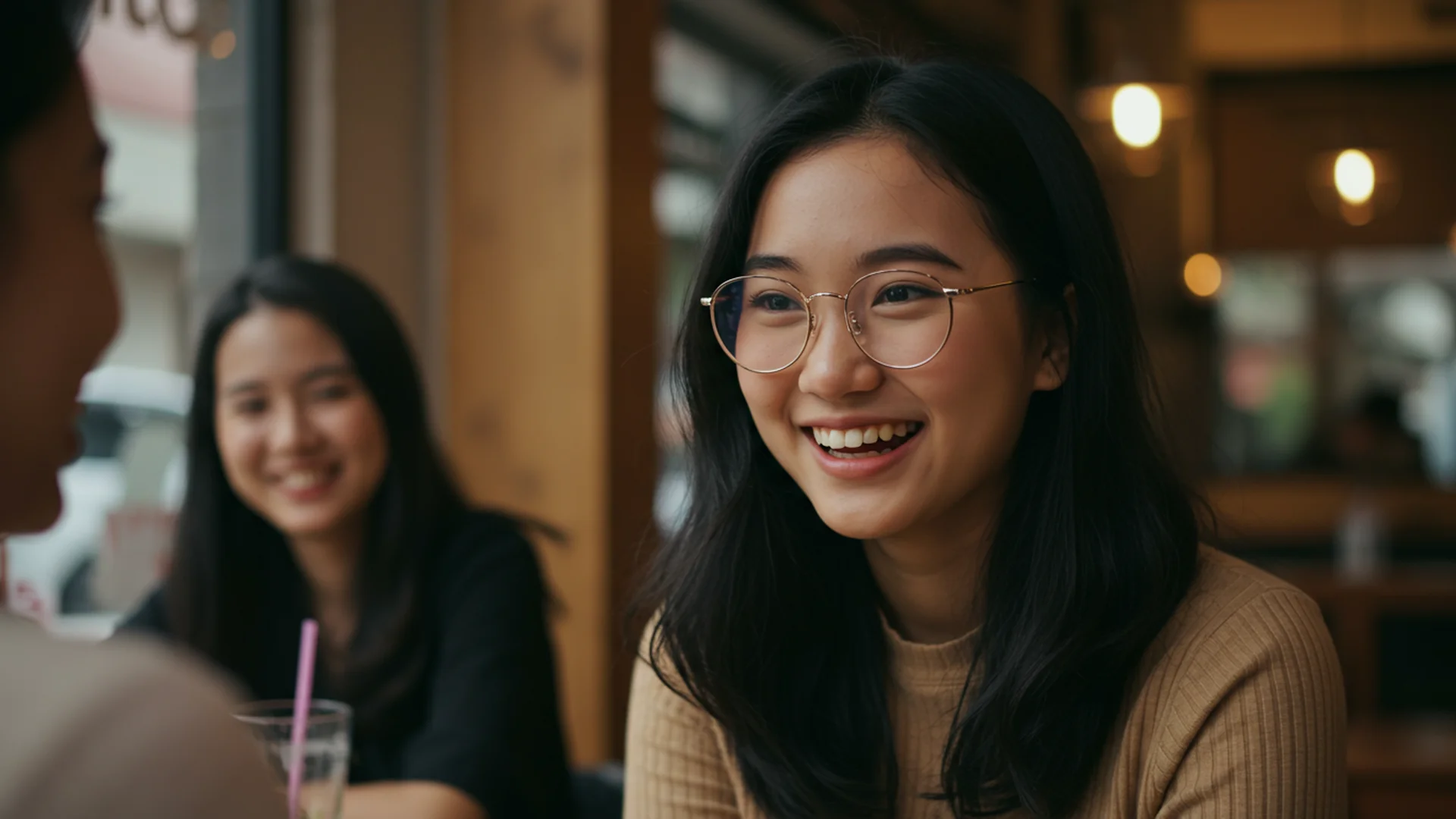 Smiling Woman Glasses Cafe Friends