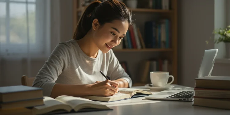 Student Studying At Desk With Laptop Books