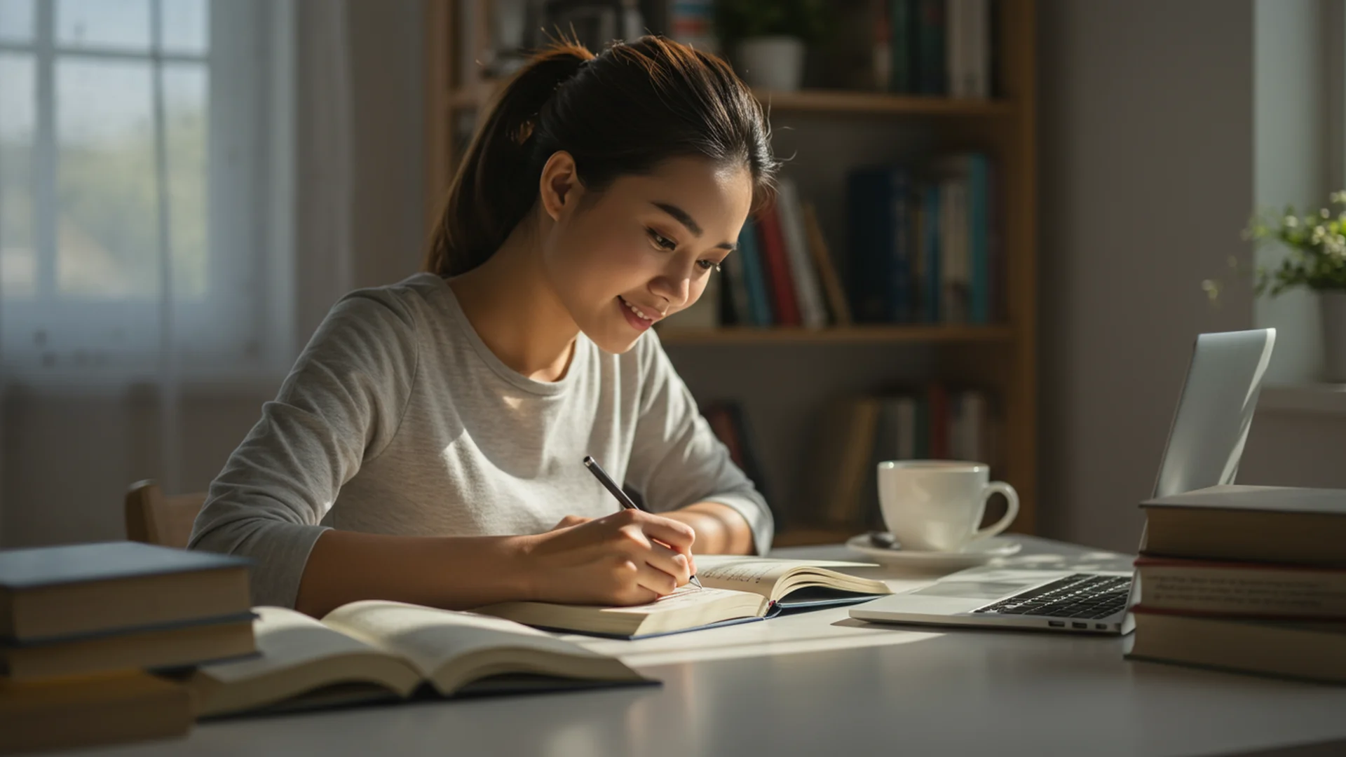 Student Studying At Desk With Laptop Books