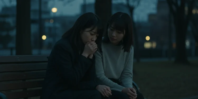 Two Girls Comforting Each Other Park Bench