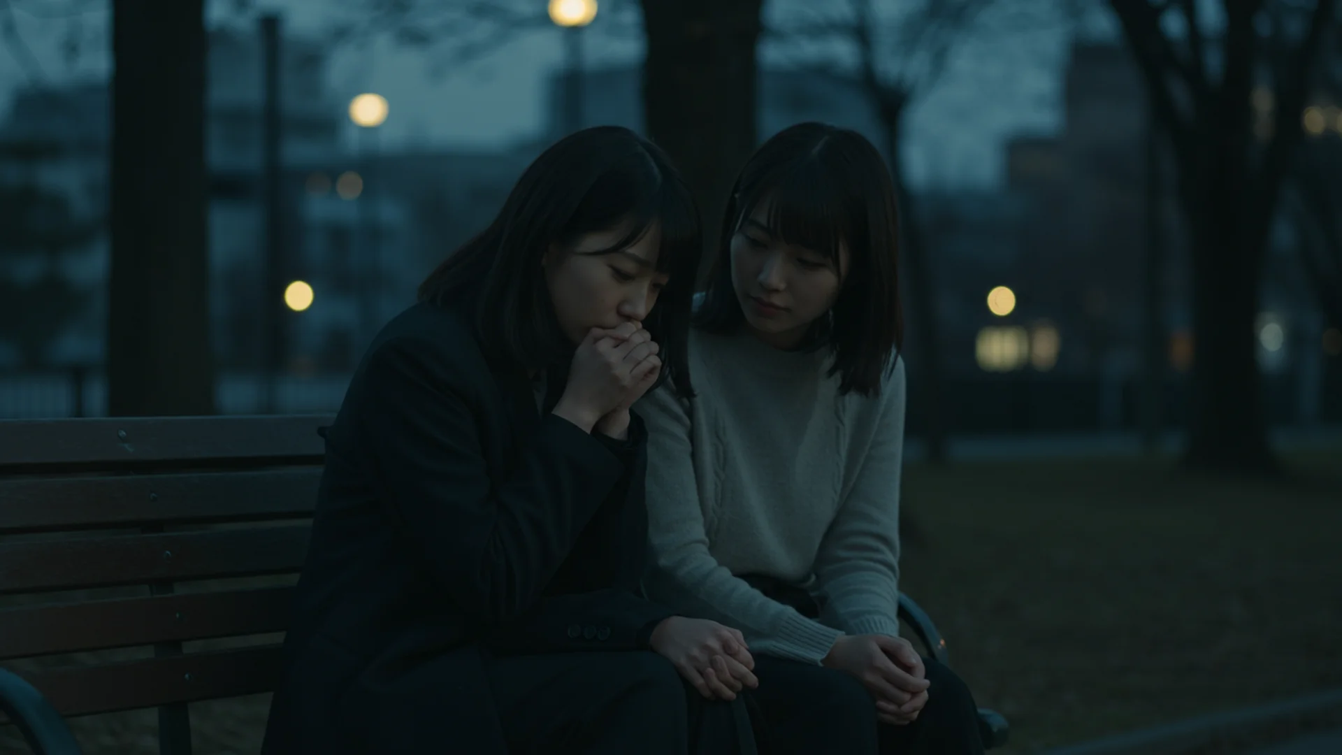 Two Girls Comforting Each Other Park Bench