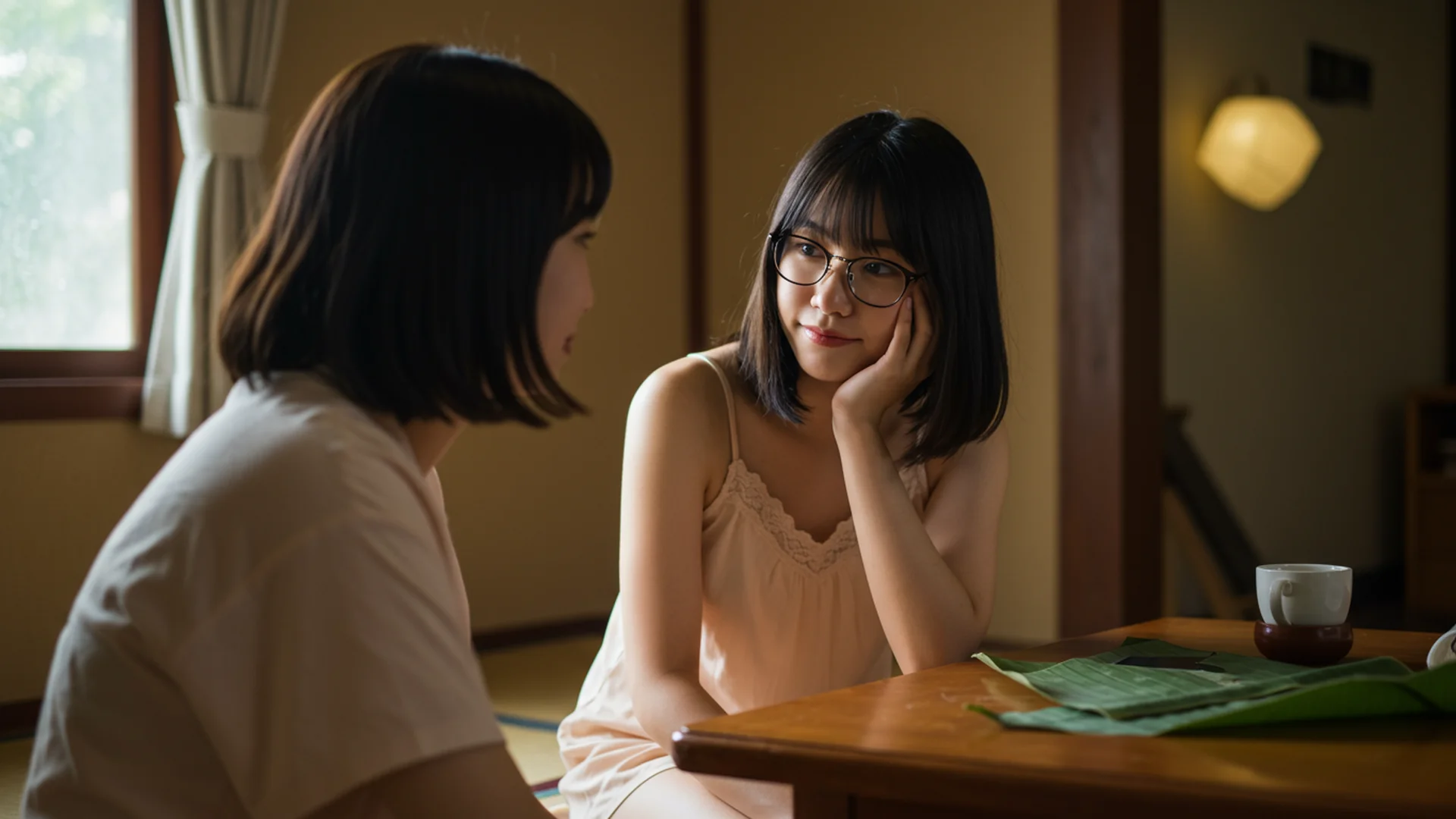 Two Women Talking Indoors Japanese Room