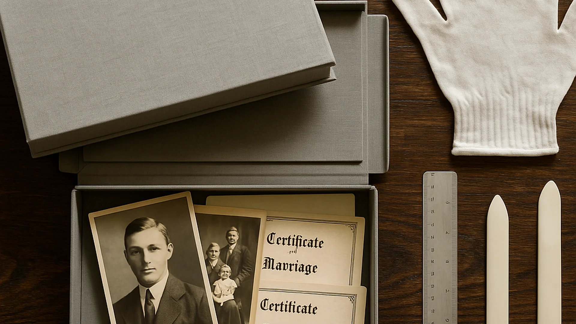 Vintage Photos In Storage Box With Glove