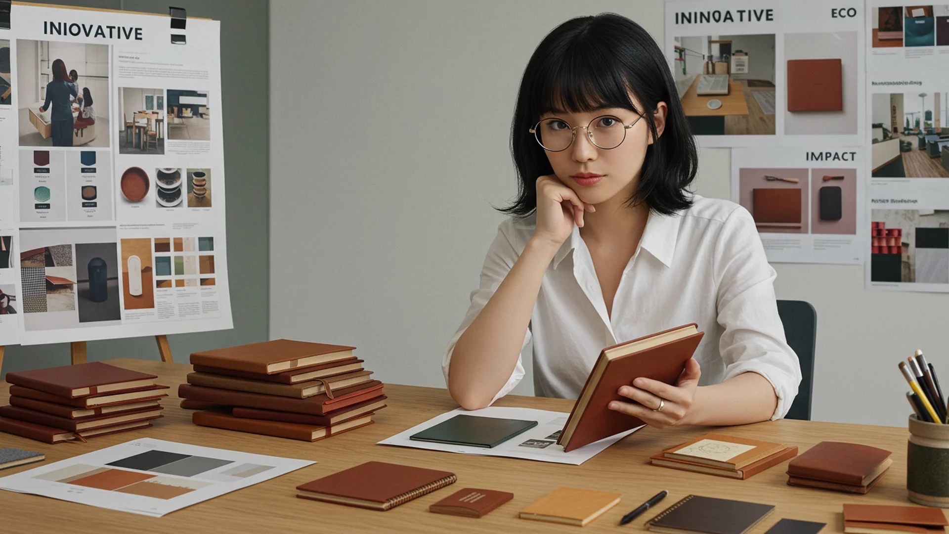 Woman Design Leather Notebooks Workspace