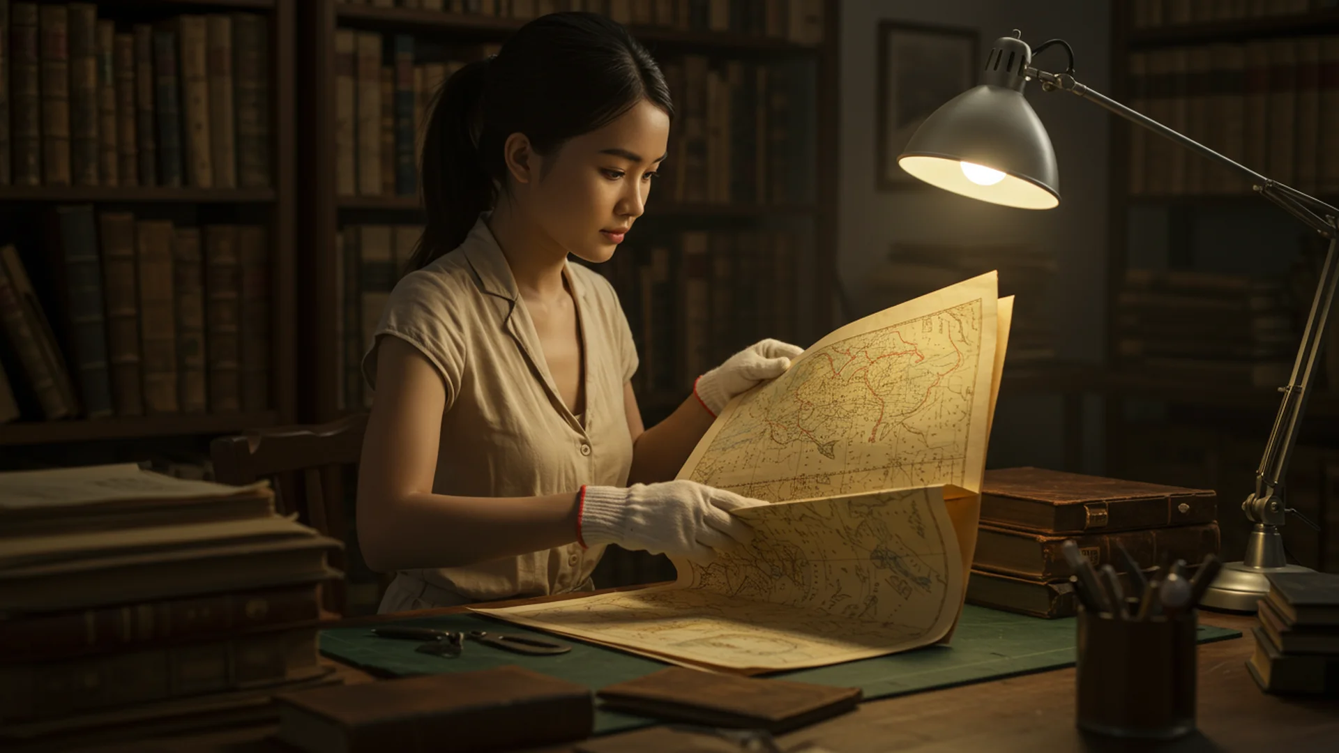 Woman Examining Antique Map In Library
