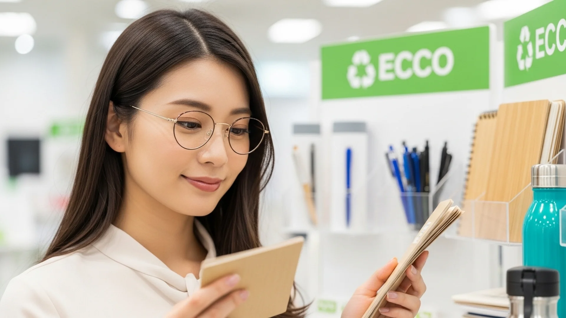 Woman Examining Eco Notebooks Store