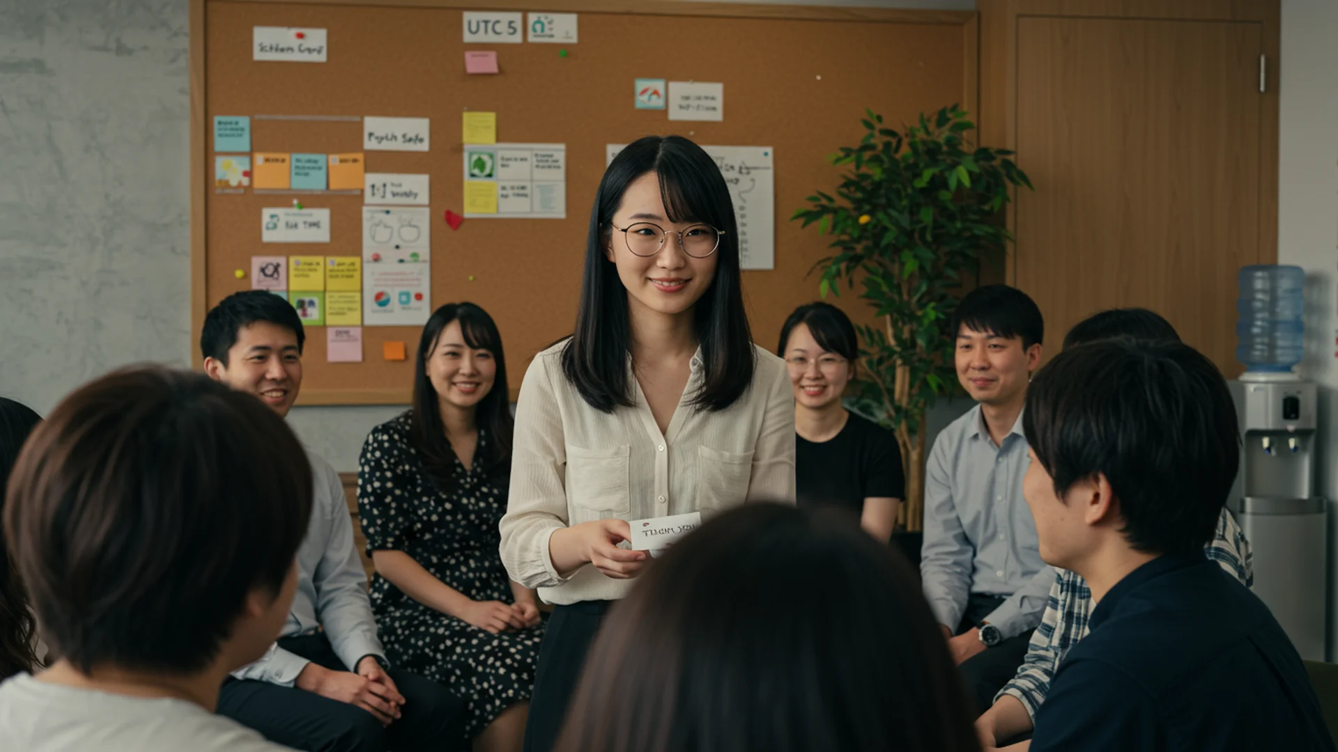 Woman Giving Thank You Card Team Meeting