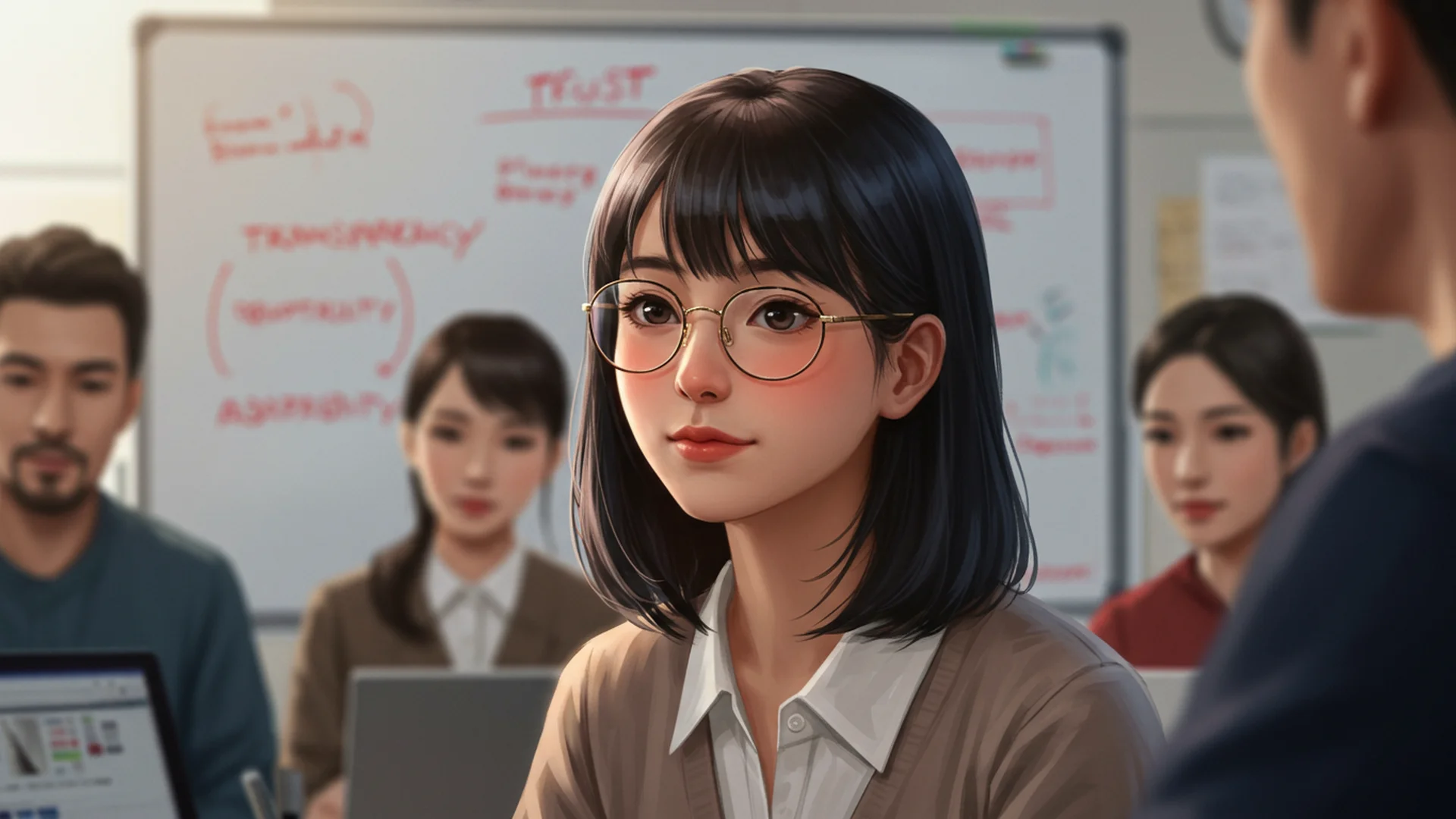 Woman Glasses Office Meeting Scene