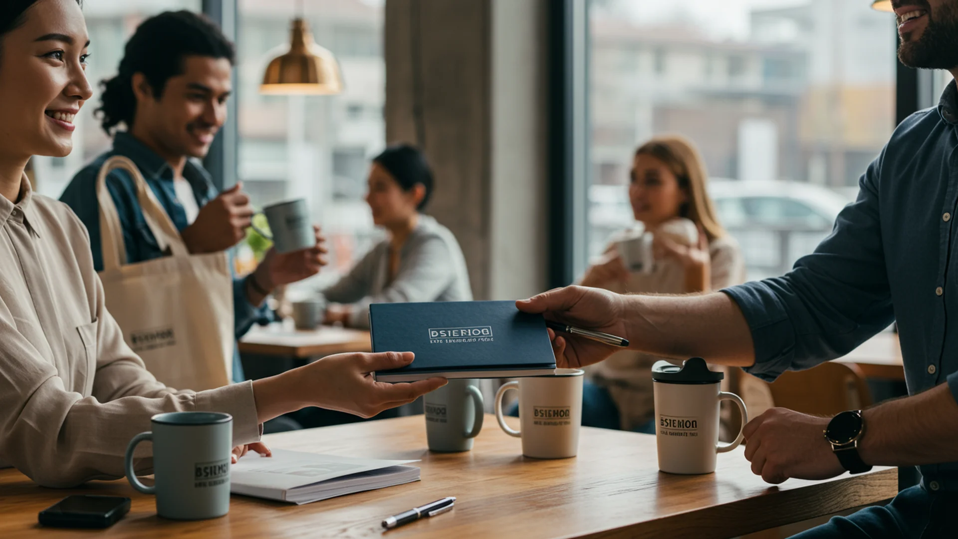 Woman Handing Man Notebook Coffee Shop