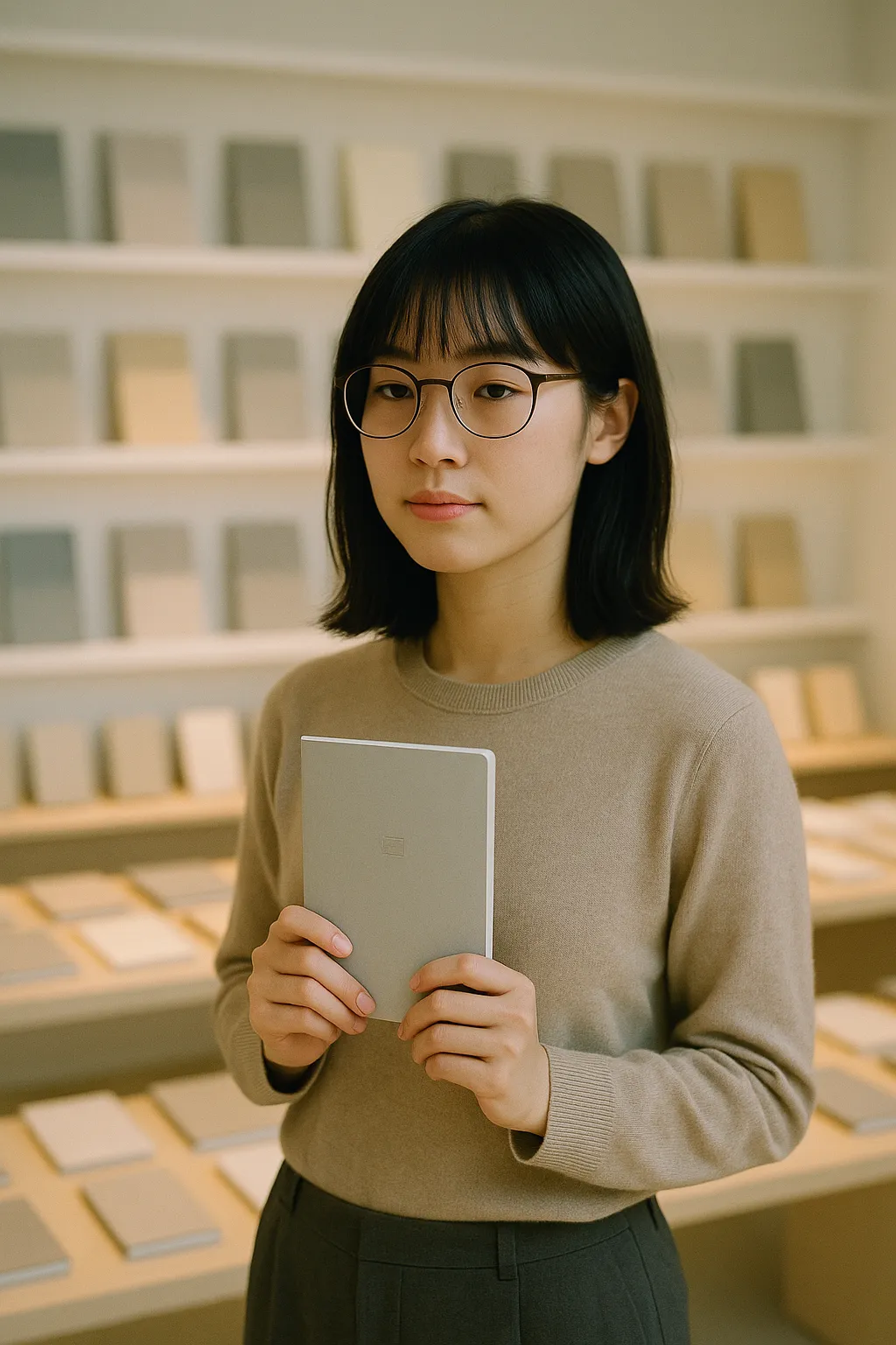 Woman Holding Grey Notebook Glasses Store