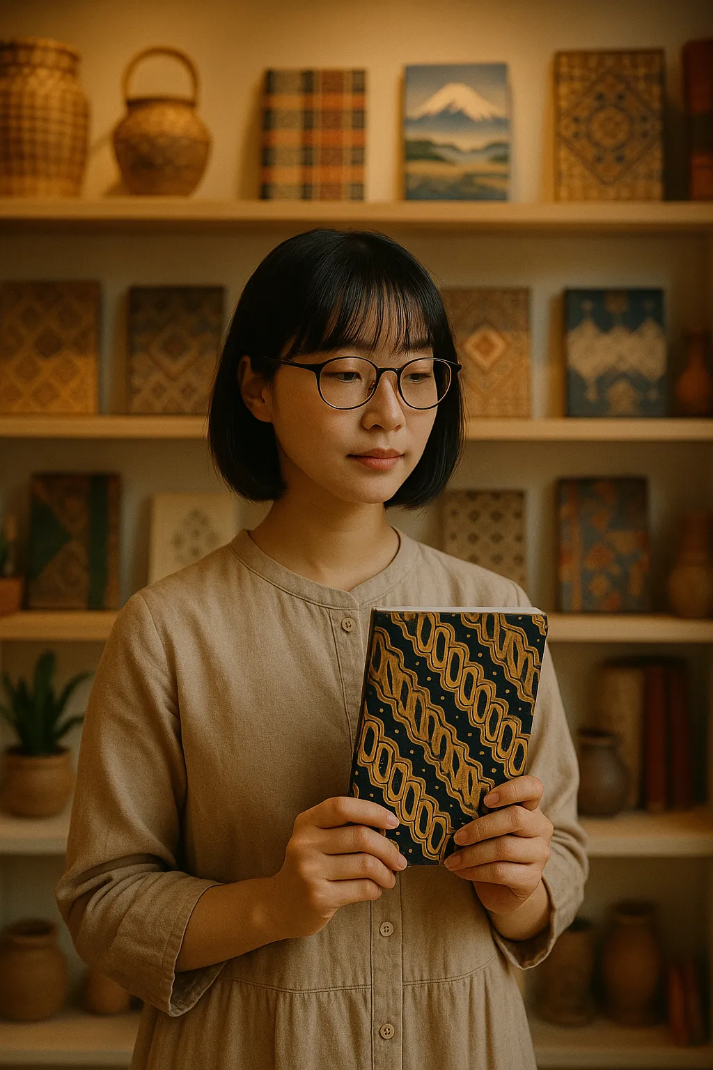 Woman Holding Patterned Notebook Glasses Bookshelf