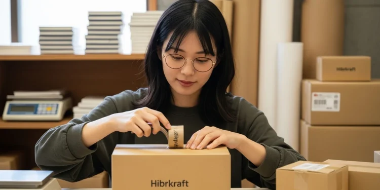 Woman Packing Boxes Hibrkraft Shipping