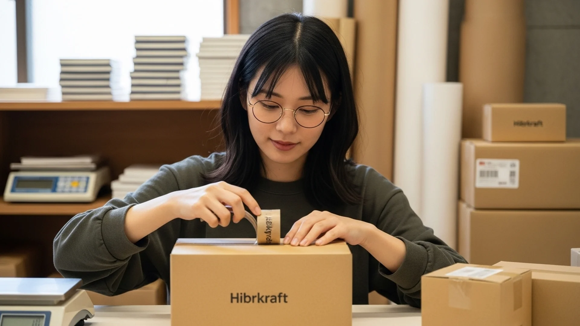 Woman Packing Boxes Hibrkraft Shipping