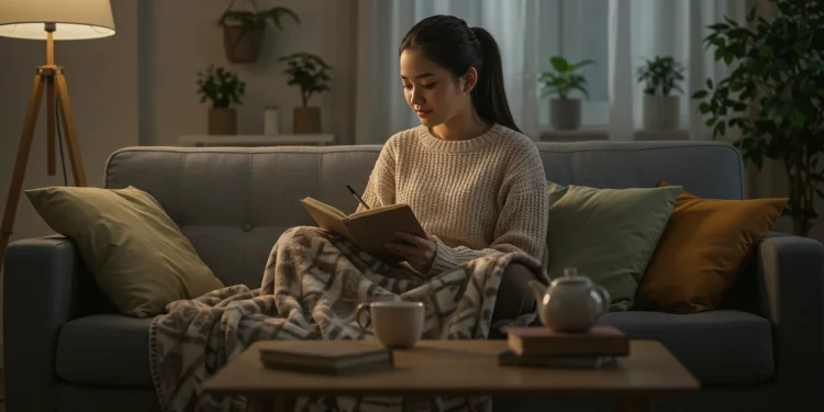 Woman Reading Book On Sofa At Night
