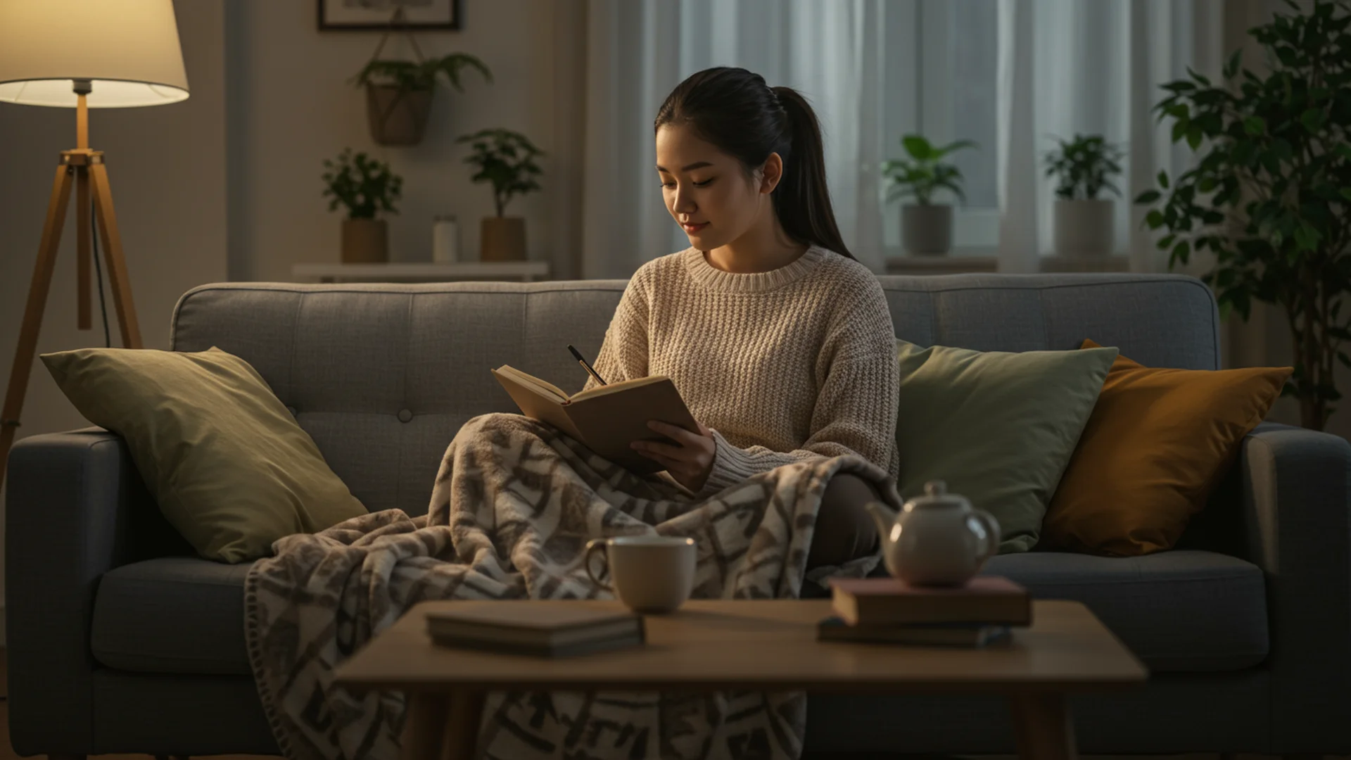 Woman Reading Book On Sofa At Night