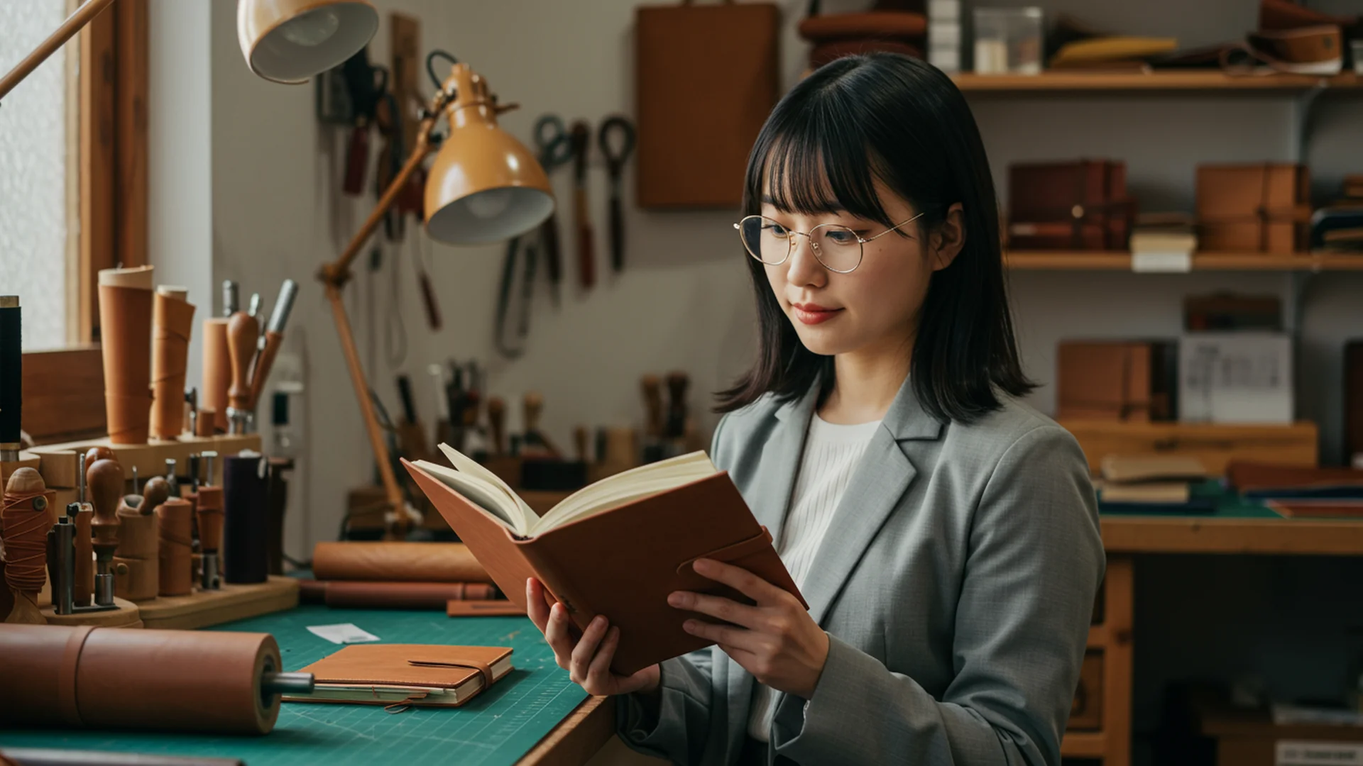 Woman Reading Leather Book Workshop