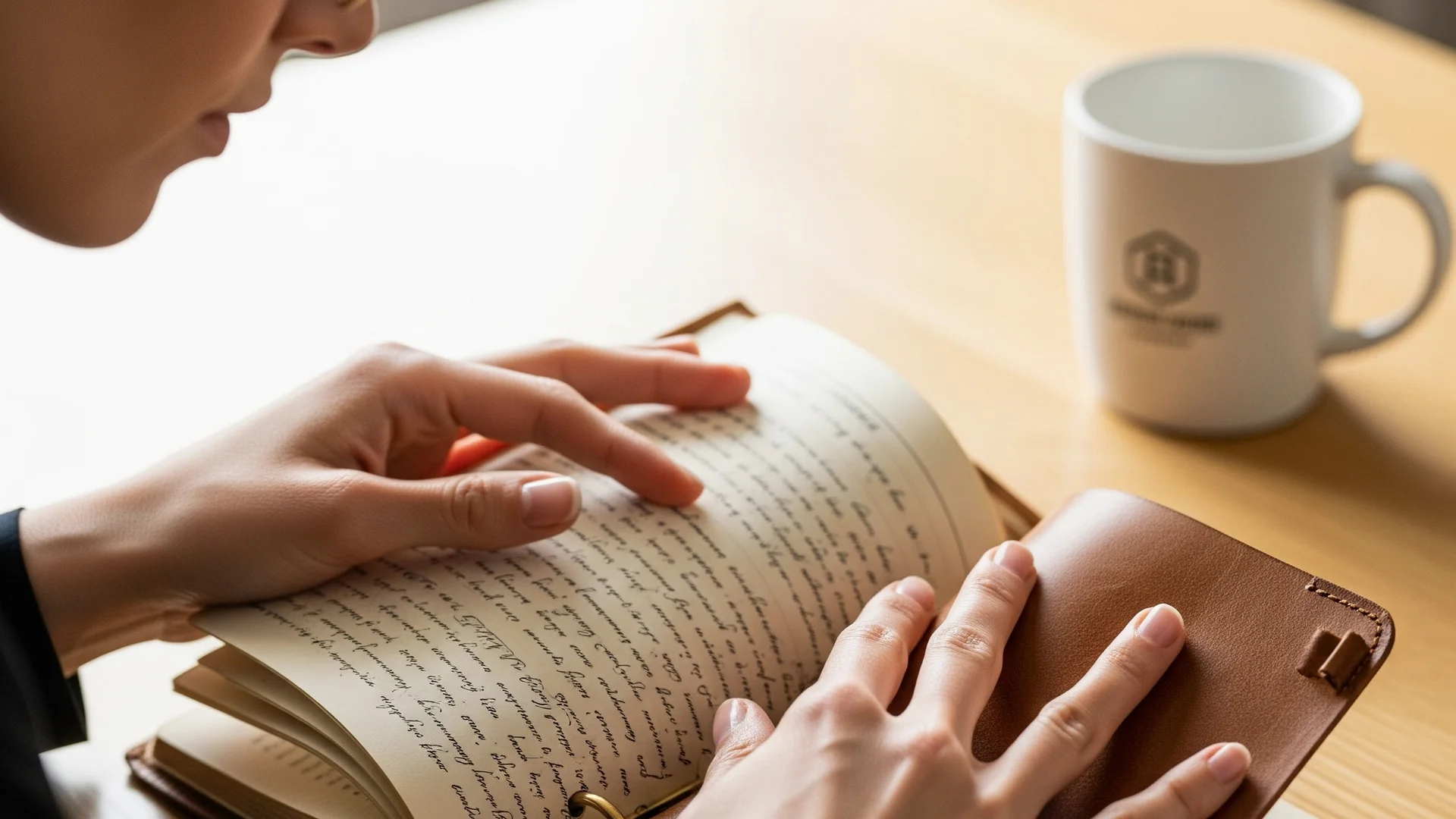 Woman Reading Leather Journal Book