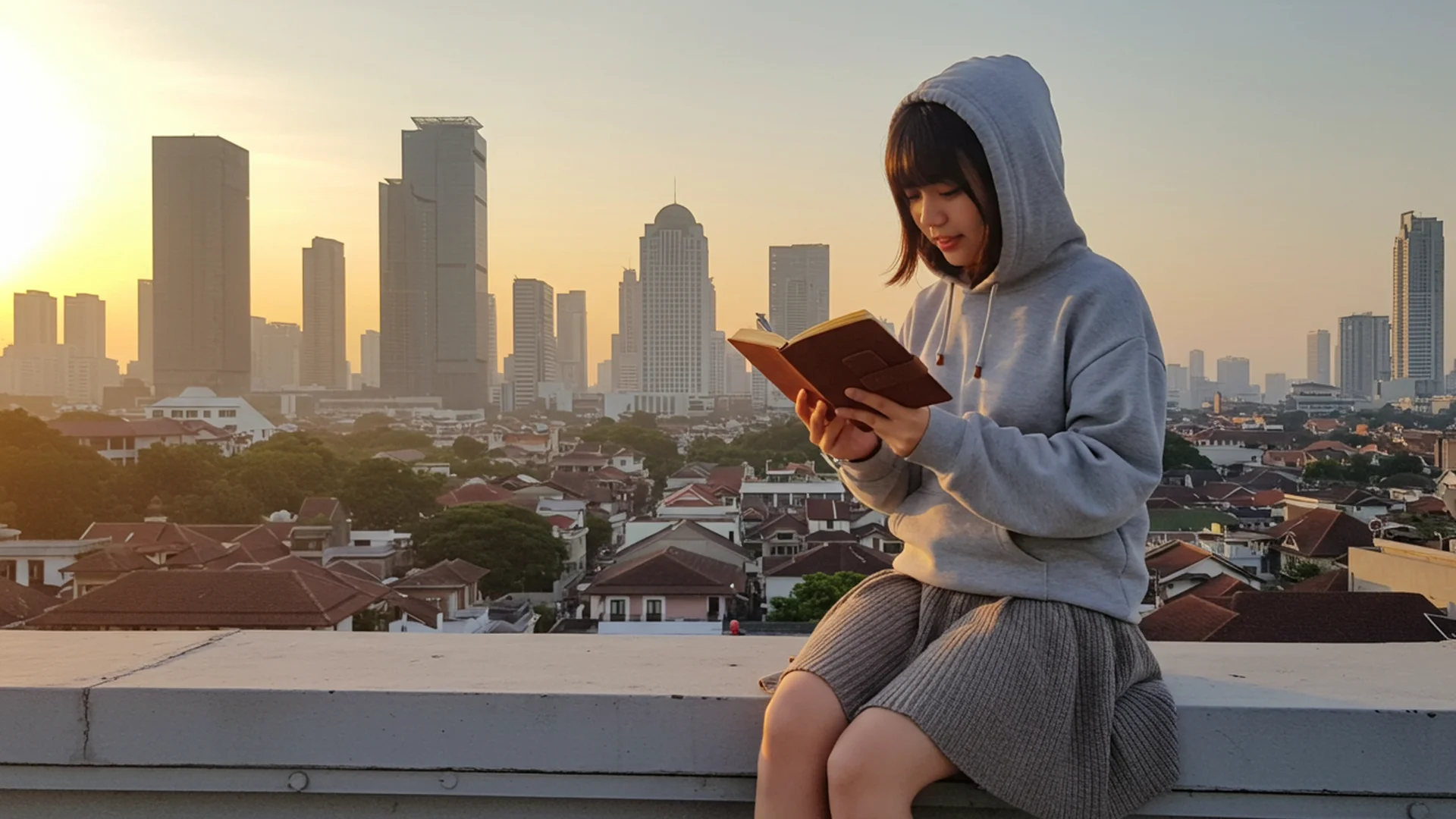 Woman Reading Sunrise City Rooftop