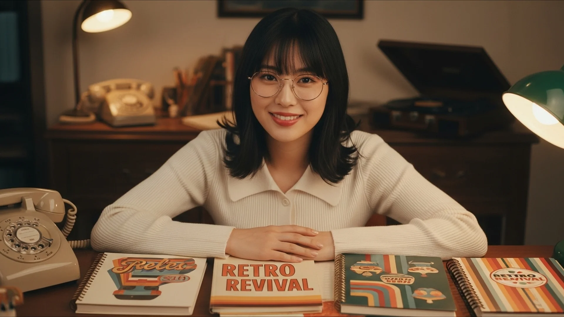 Woman Retro Style Desk Notebooks Smile