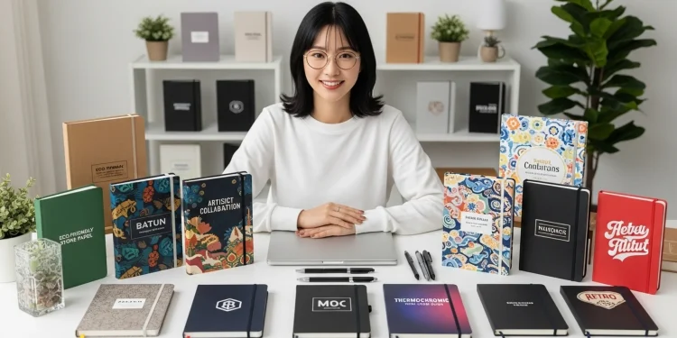 Woman Smiling With Many Notebooks On Desk