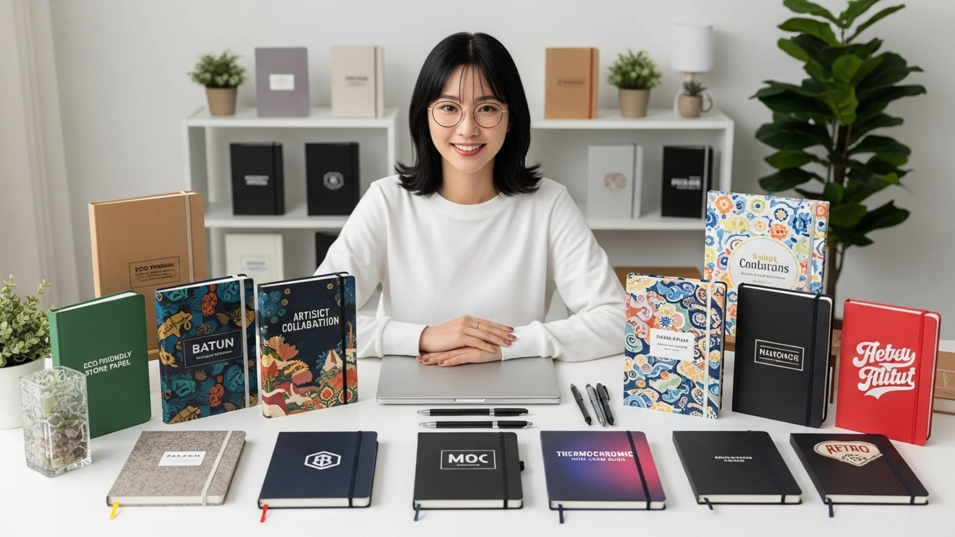 Woman Smiling With Many Notebooks On Desk