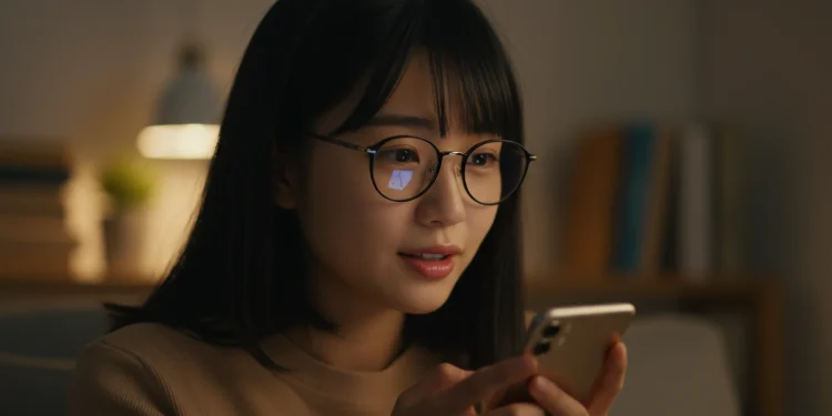 Woman With Glasses Using Smartphone At Night